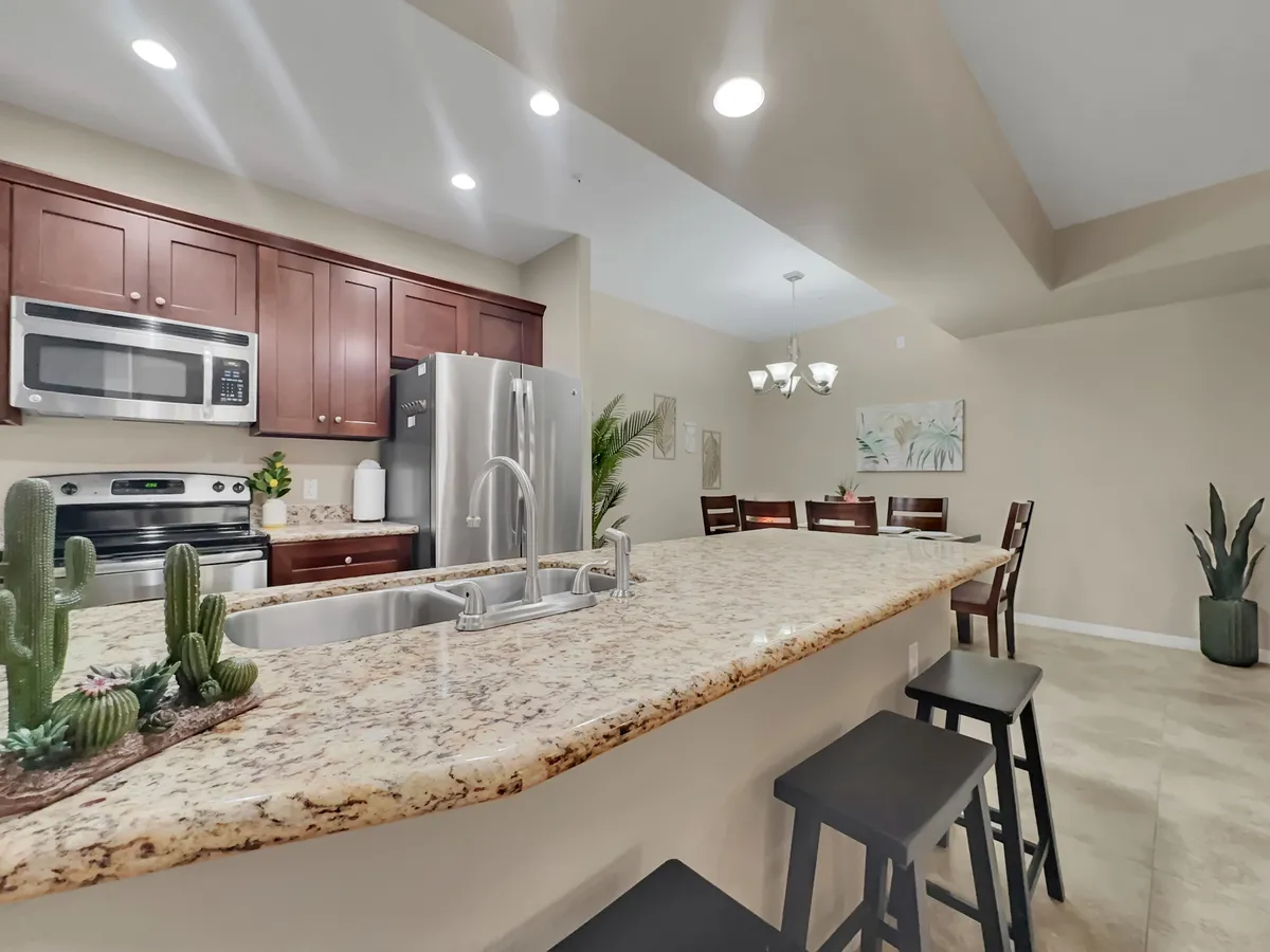 The focus here is on the modern kitchen with a granite countertop, stainless steel appliances, cactus decor, and a view into the dining area. The setup is both functional and stylish, encouraging culinary creativity and social interaction.