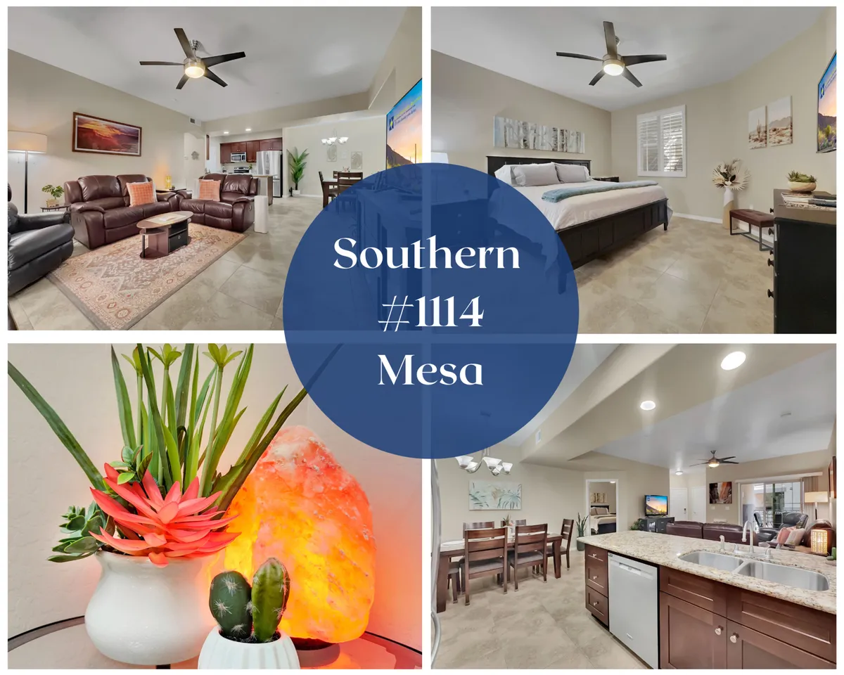 The image showcases a stylish, open-concept living and dining area featuring plush leather sofas, a spacious dining table perfect for family meals, vibrant decorative plants, and a glimpse into a cozy bedroom. The setup radiates warmth and comfort, inviting guests to unwind and connect.