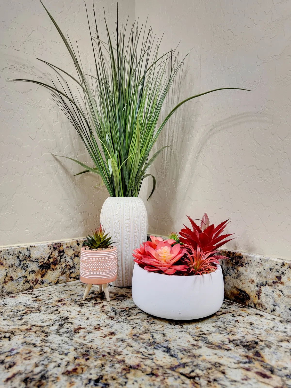 This image features a bright, inviting corner adorned with a tall green plant, a pink potted plant, and a white bowl with flowers. The setup suggests a pleasant, cheerful indoor-outdoor connection, ideal for enjoying Arizona's natural light and warmth. The space feels lively and peaceful, echoing the atmosphere of a relaxing retreat.
